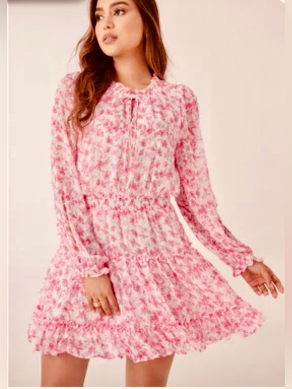 Skies Are Blue Pink Floral Tie-Neck Ruffle Dress